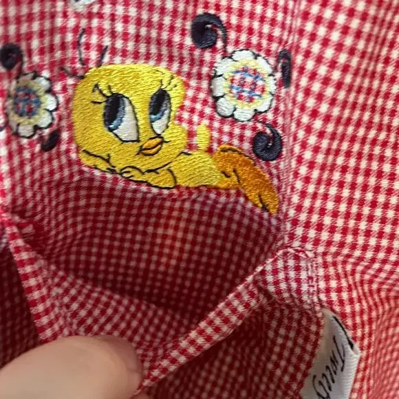 Tweety Bird 26/28 Womens Button Up Red White Plaid Looney Tunes Floral Collared - Picture 3 of 10